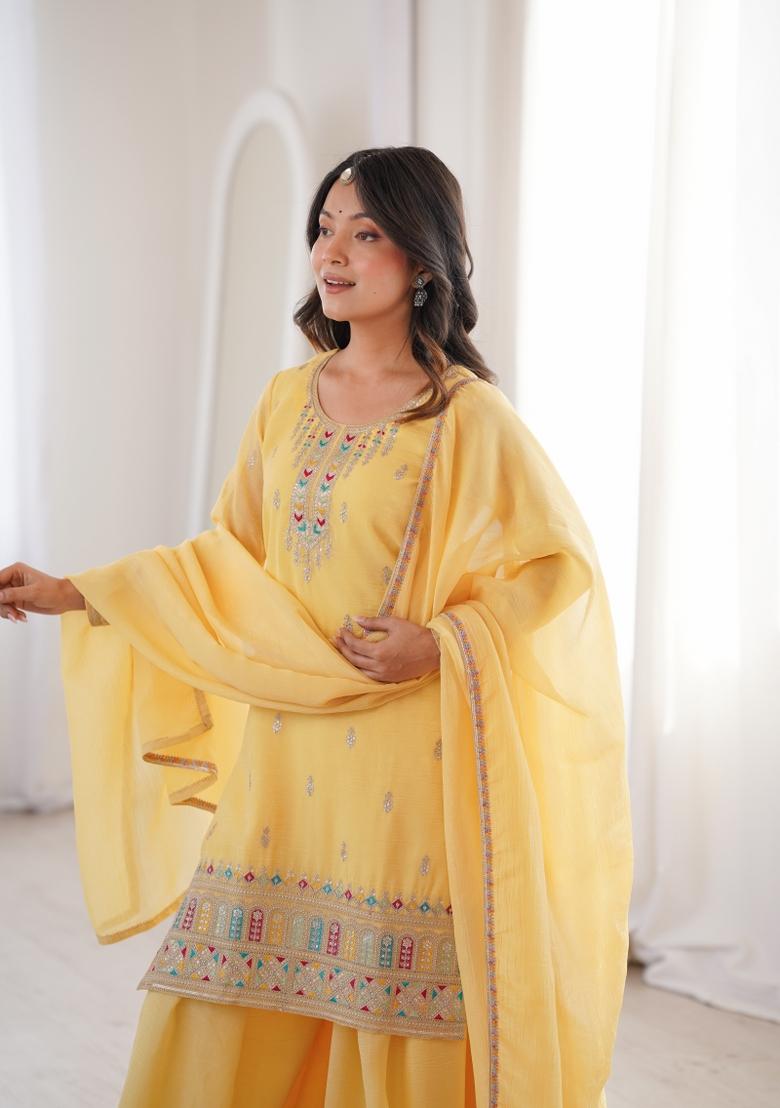 Light Yellow Embroidery Silk Sharara Set - Indya