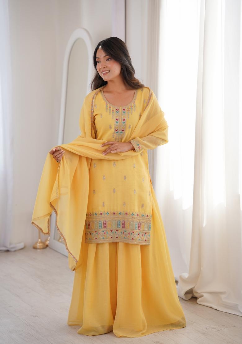 Light Yellow Embroidery Silk Sharara Set - Indya