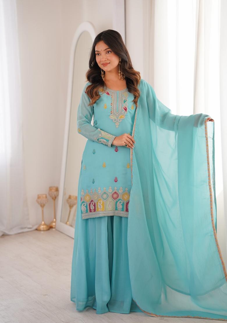 Sky Blue Embroidery Silk Sharara Set - Indya