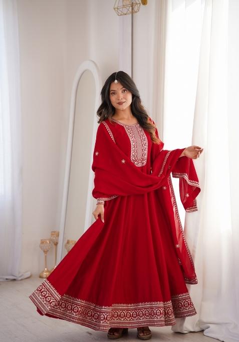Dark Red Embroidery Silk Gown With Dupatta