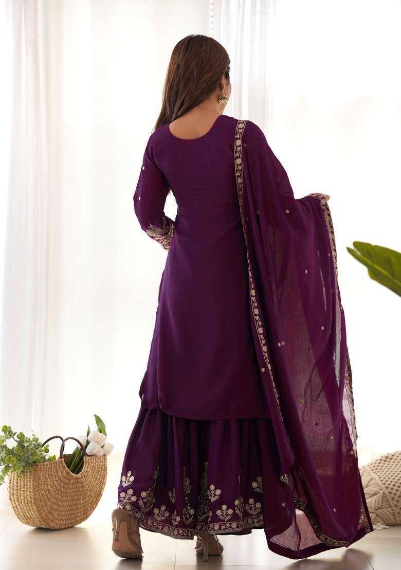 Wine Embroidery Silk Sharara Set - Indya