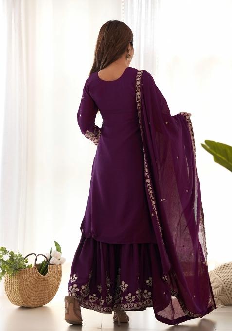 Wine Embroidery Silk Sharara Set