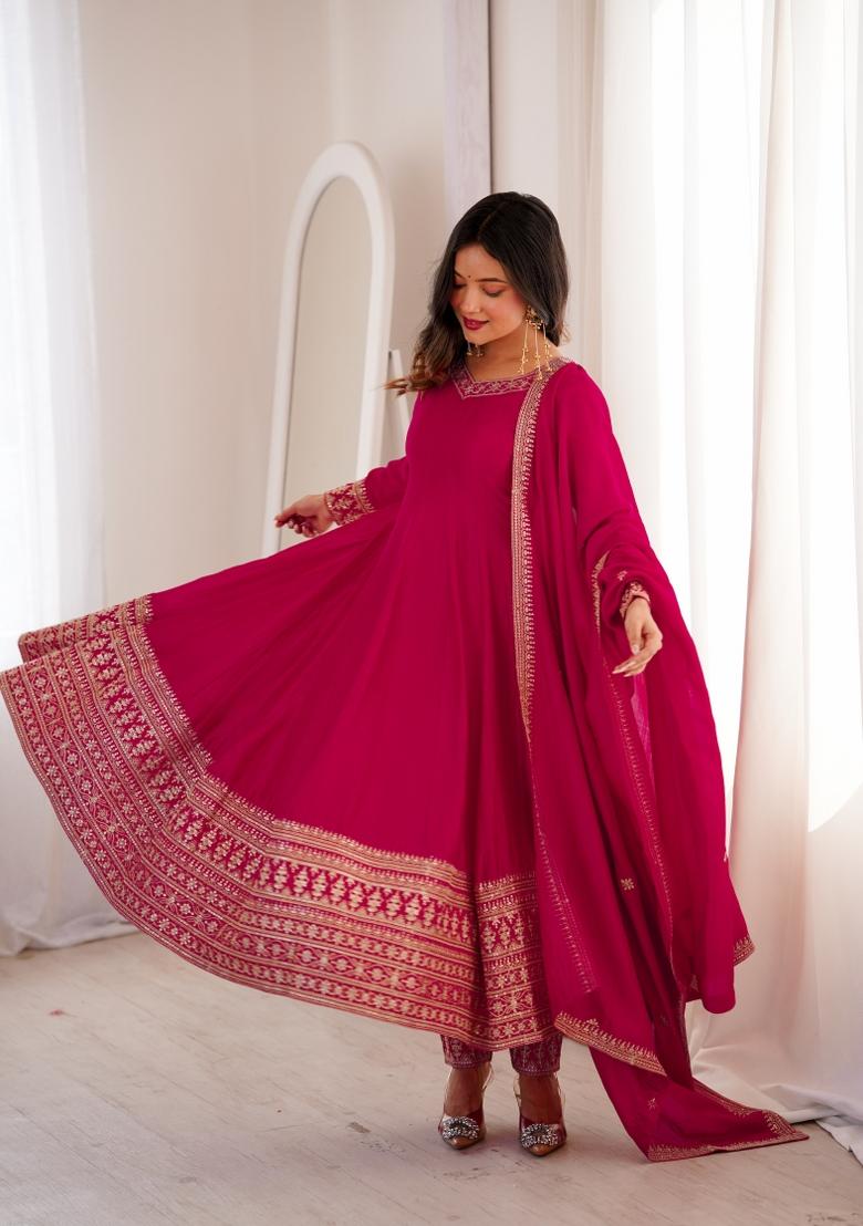 Red Embroidery Silk Gown Set - Indya