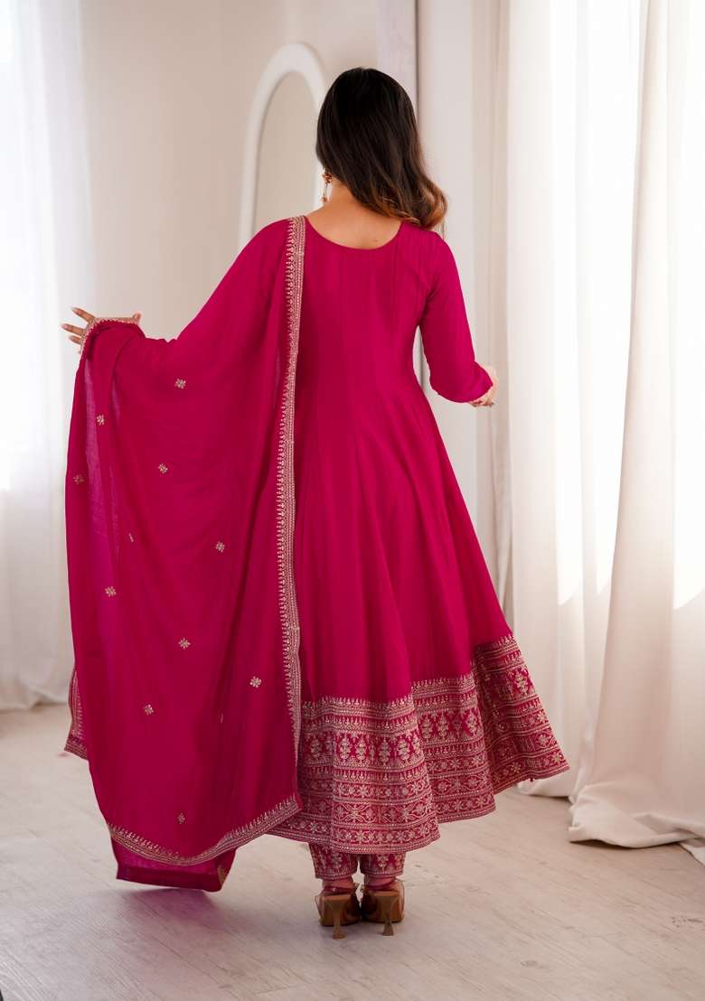 Red Embroidery Silk Gown Set - Indya