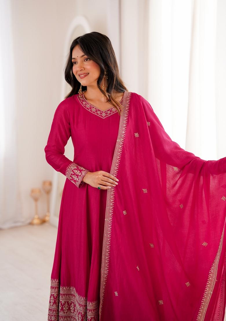 Red Embroidery Silk Gown Set - Indya