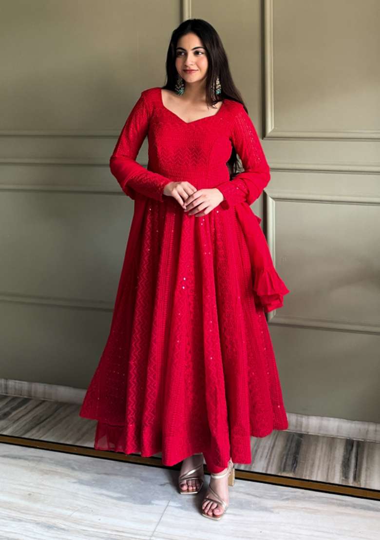 Red Embroidery Georgette Gown Set - Indya