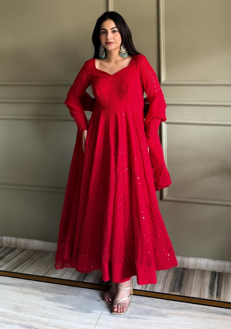 Red Embroidery Georgette Gown Set - Indya