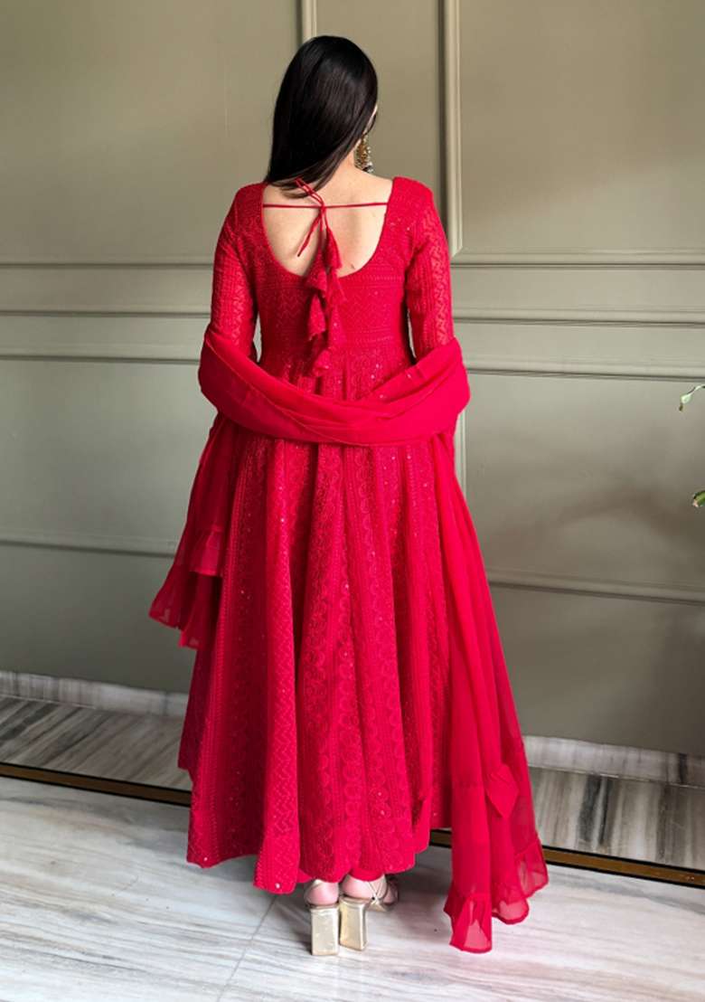 Red Embroidery Georgette Gown Set - Indya