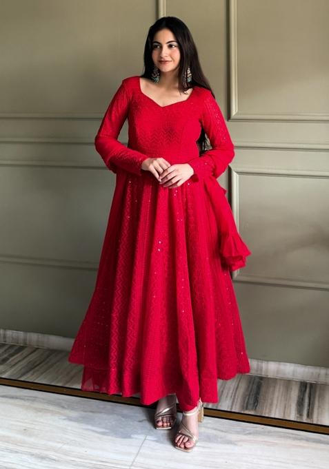 Red Embroidery Georgette Gown Set