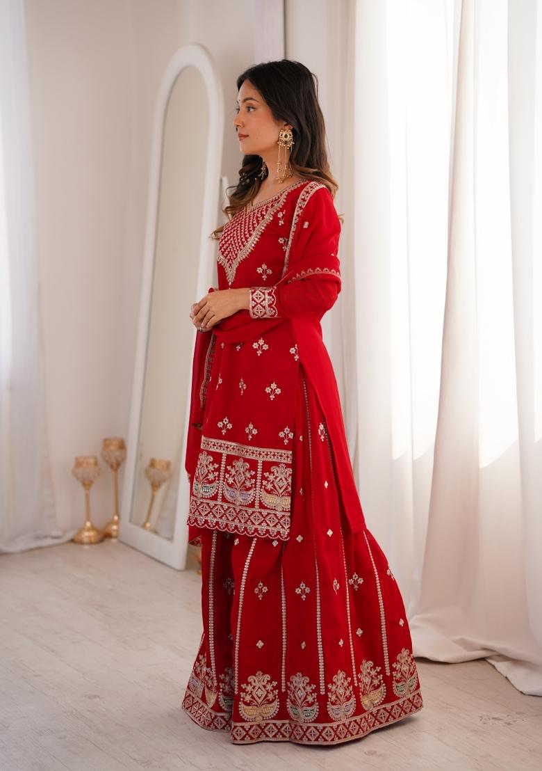Red Embroidery Georgette Gown Set - Indya