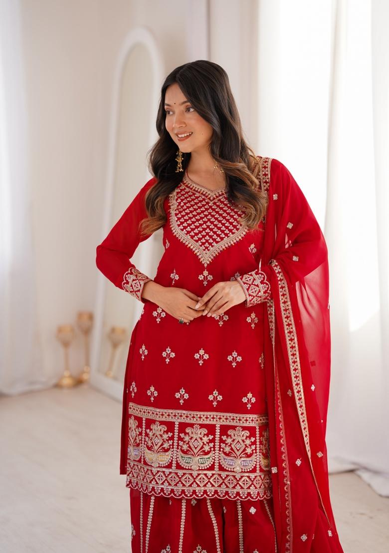 Red Embroidery Georgette Gown Set - Indya