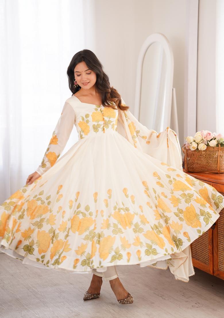 Off White Printed Organza Gown Set - Indya