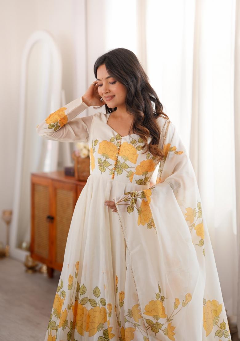 Off White Printed Organza Gown Set - Indya