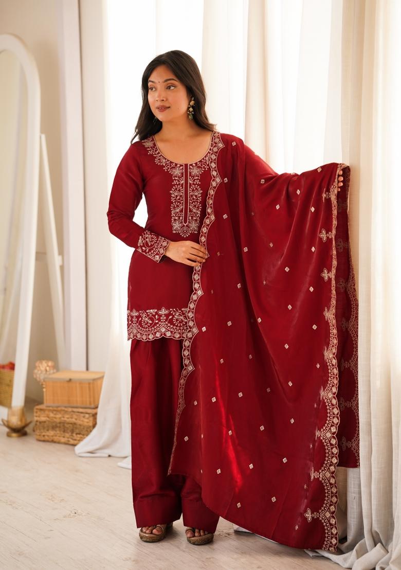 Red Embroidery Silk Gown Set - Indya