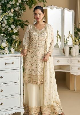 Beige Embroidered Georgette Kurta Set