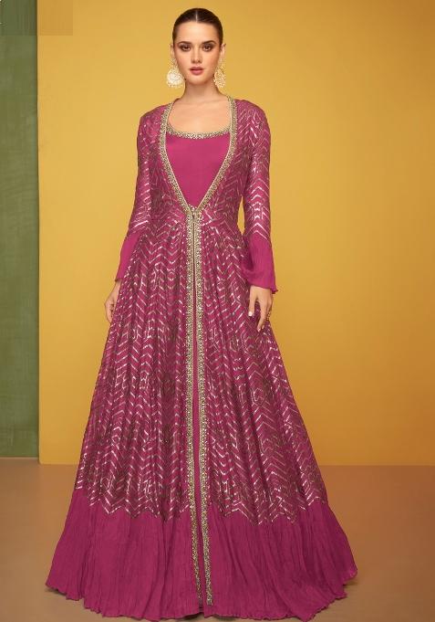 Rani Pink Embroidered Silk Gown With Jacket