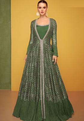 Olive Green Embroidered Silk Gown With Jacket