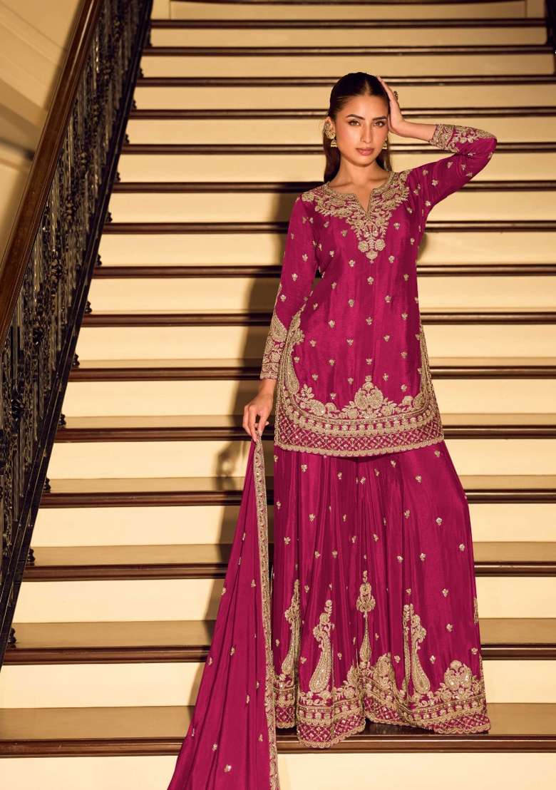 Rani Pink Embroidered Silk Kurta Set - Indya