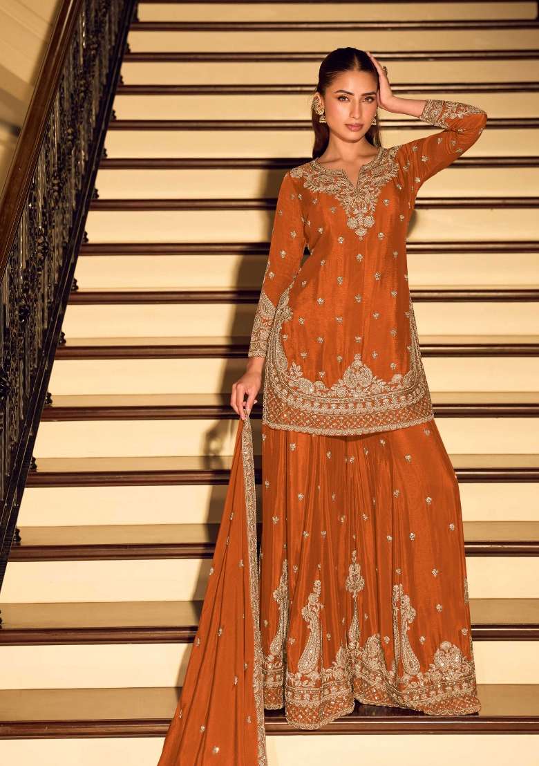 Orange Embroidered Silk Kurta Set - Indya