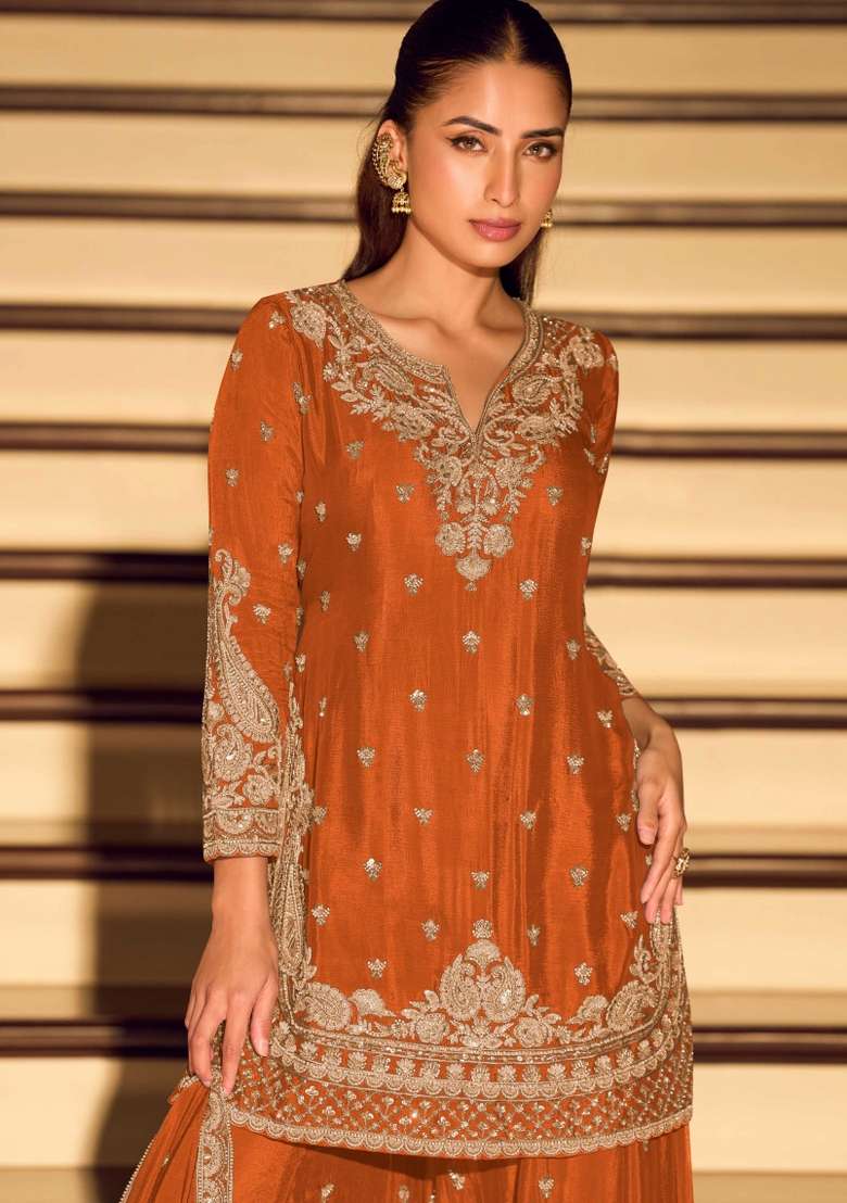 Orange Embroidered Silk Kurta Set - Indya