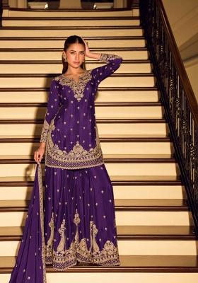 Purple Embroidered Silk Kurta Set