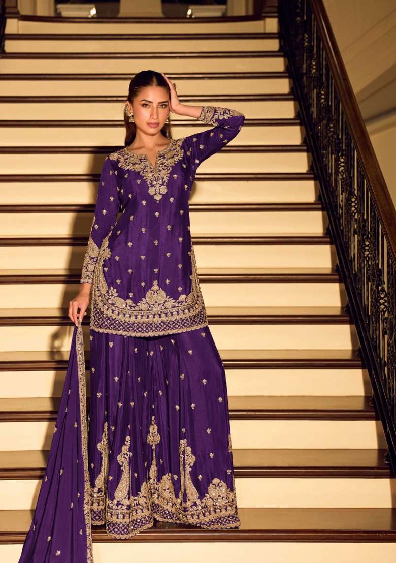 Purple Embroidered Silk Kurta Set - Indya