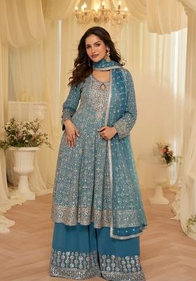 Blue Embroidered Georgette Kurta Set