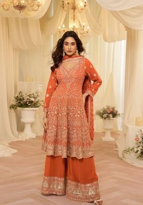 Peach Embroidered Georgette Kurta Set