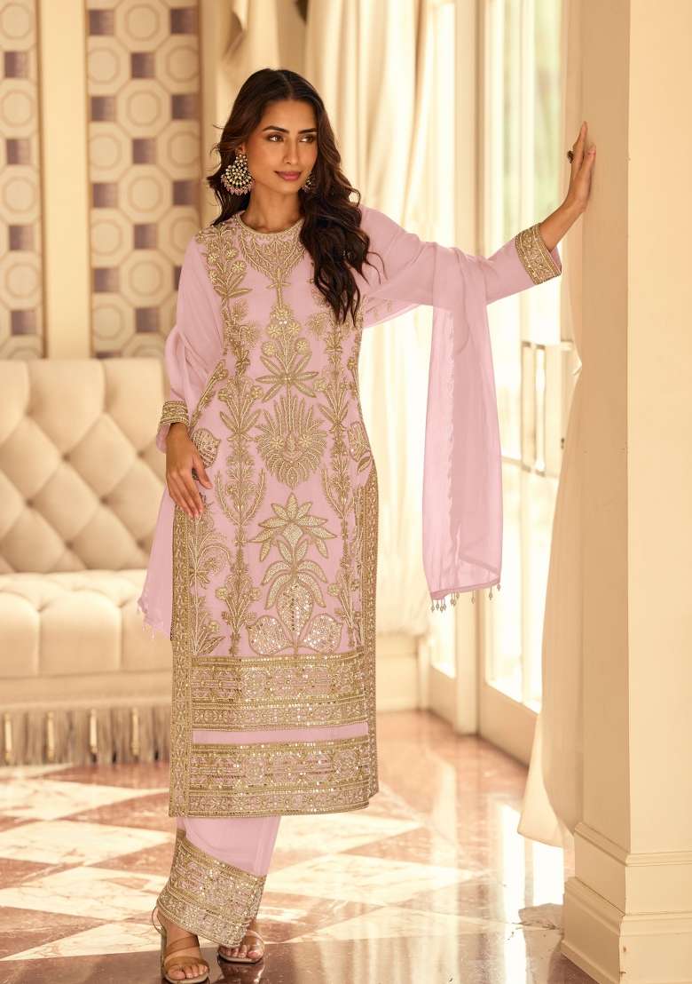 Lilac Embroidered Georgette Kurta Set - Indya