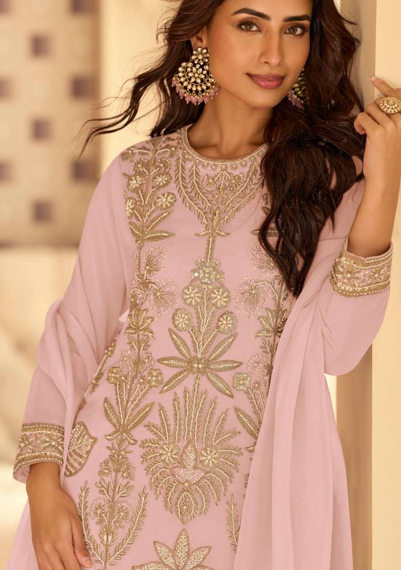 Lilac Embroidered Georgette Kurta Set - Indya