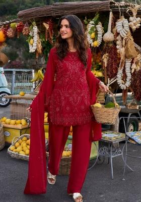 Maroon Red Floral Print Georgette Kurta Set