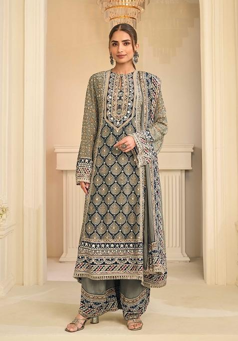 Olive Grey Gota Patti Silk Kurta Set