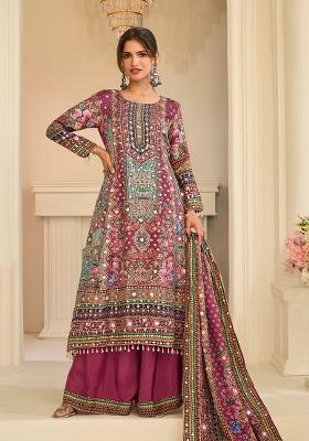 Magenta Floral Print Silk Kurta Set
