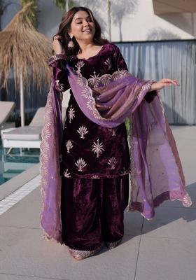 Wine Zari Work Velvet Kurta Set