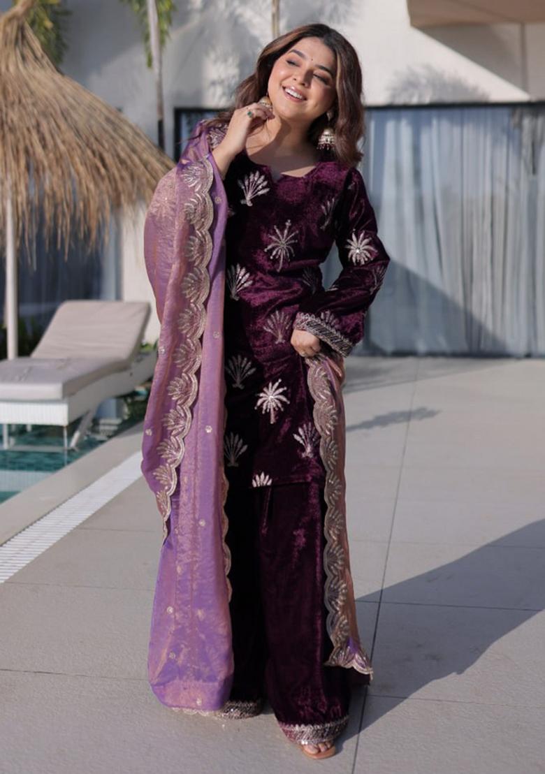 Wine Zari Work Velvet Kurta Set - Indya