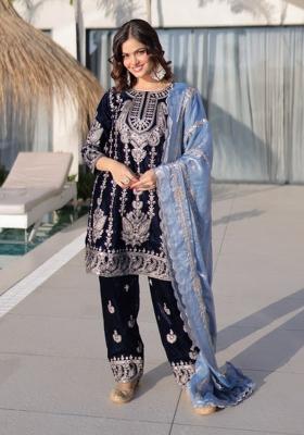 Navy Blue Zari Work Velvet Kurta Set