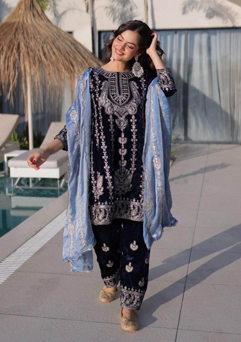 Navy Blue Zari Work Velvet Kurta Set - Indya