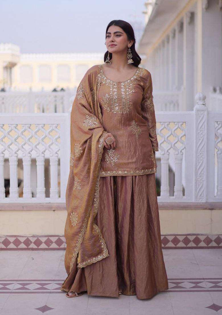 Brown Zari Work Silk Kurta Set - Indya