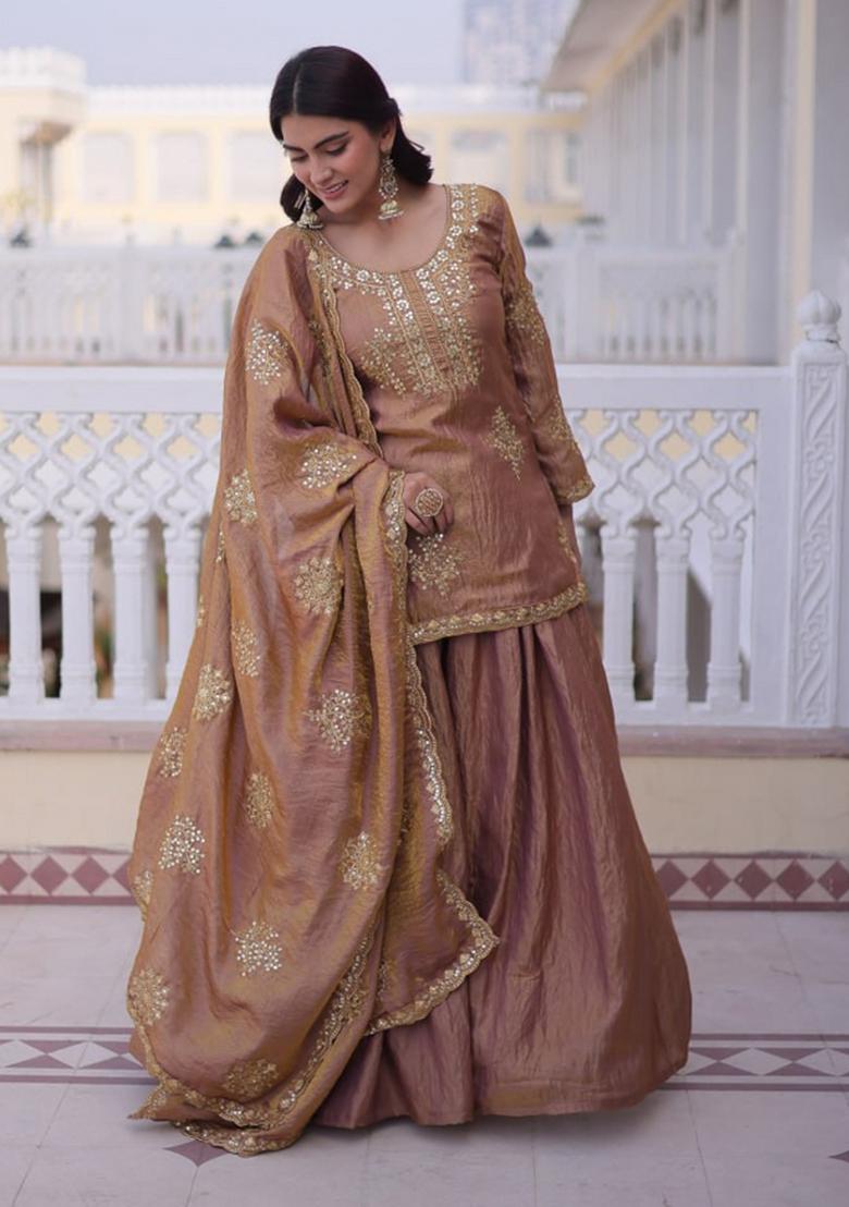 Brown Zari Work Silk Kurta Set - Indya