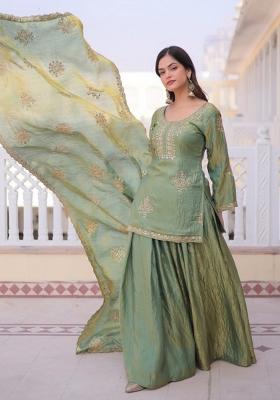 Green Zari Work Silk Kurta Set