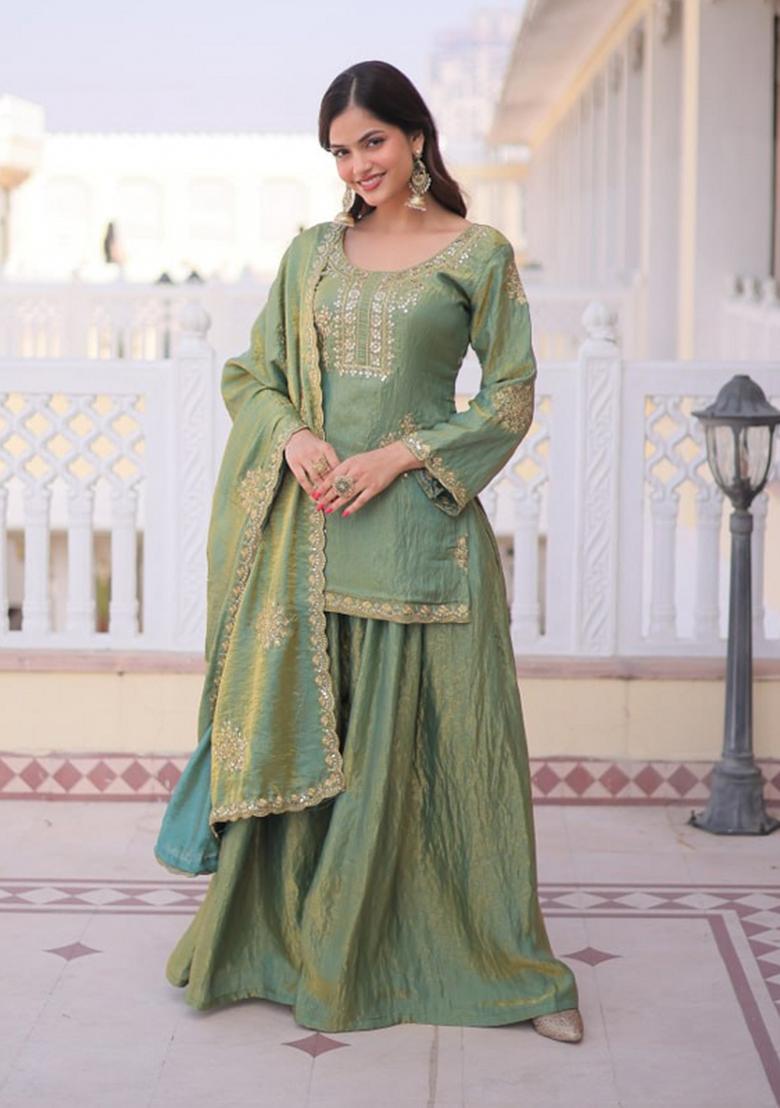 Green Zari Work Silk Kurta Set - Indya