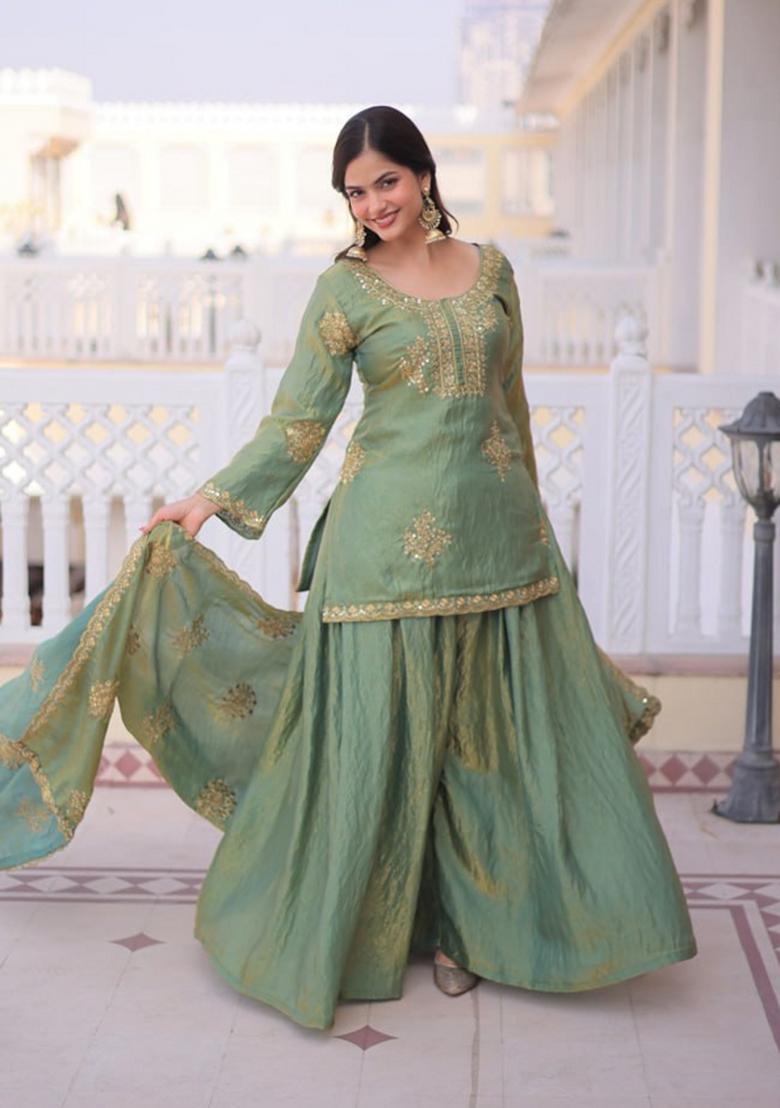 Green Zari Work Silk Kurta Set - Indya