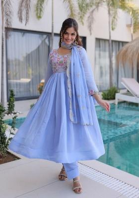Blue Beads Work Silk Kurta Set