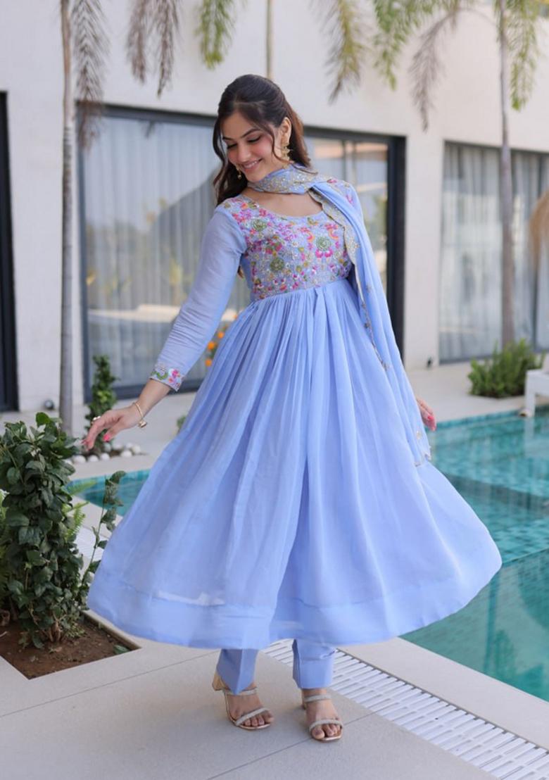 Blue Beads Work Silk Kurta Set - Indya