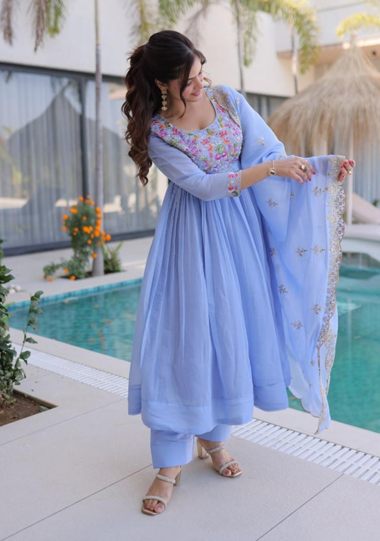 Blue Beads Work Silk Kurta Set - Indya