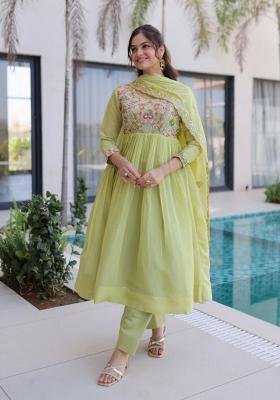 Green Beads Work Silk Kurta Set