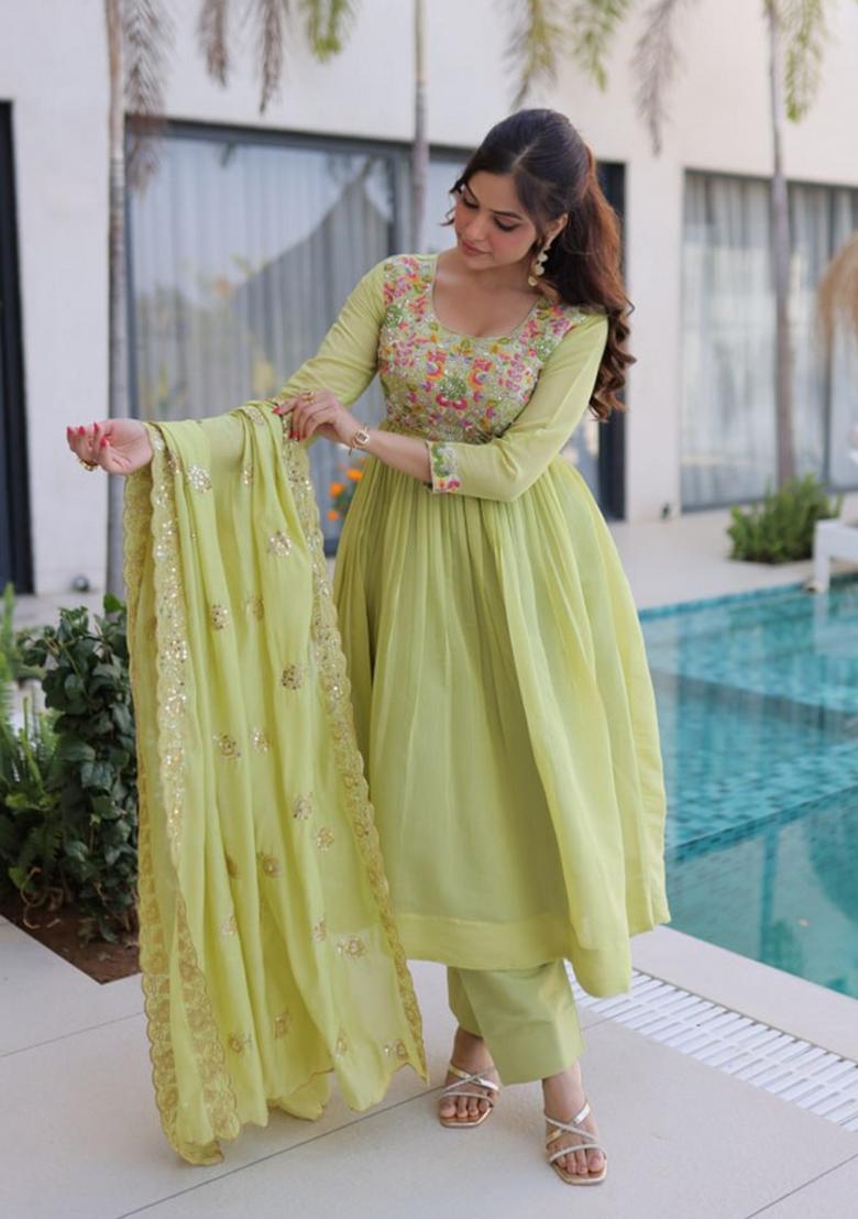 Green Beads Work Silk Kurta Set - Indya