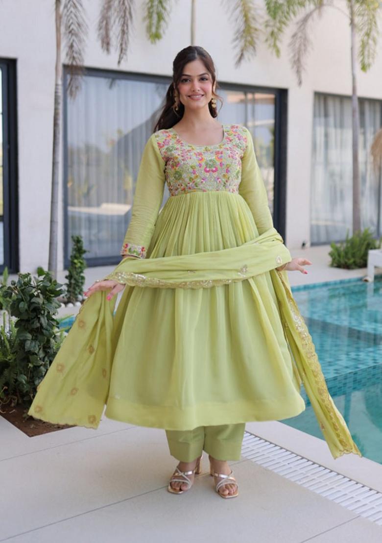 Green Beads Work Silk Kurta Set - Indya