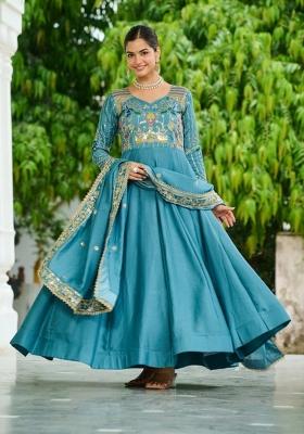 Teal Blue Sequin Work Silk Gown With Dupatta
