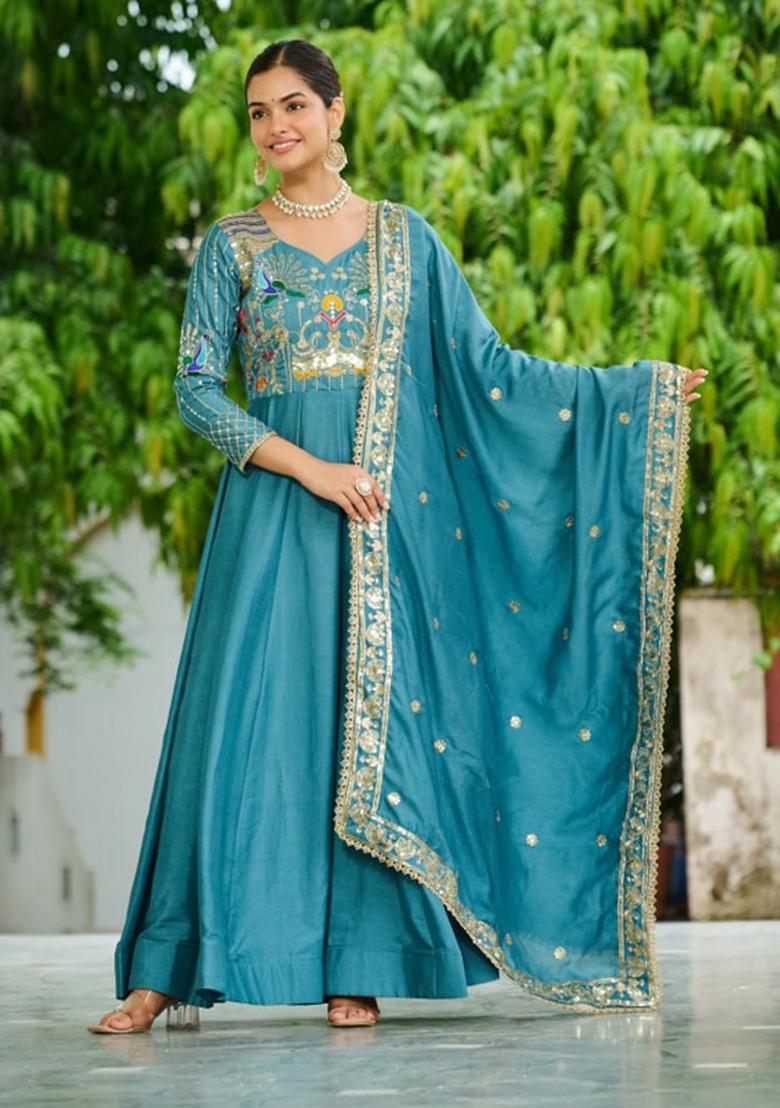 Teal Blue Sequin Work Silk Gown With Dupatta - Indya